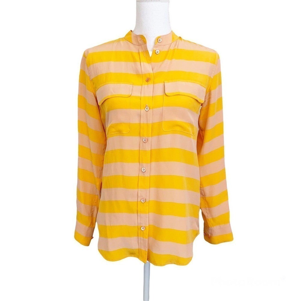 Equipment Womens XS 100% Silk Orange Stripe Button Down Blouse Quiet Minimalist